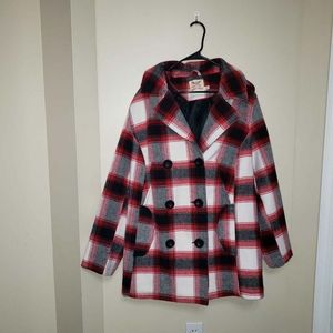 Faded Glory winter pea coat red black white plaid